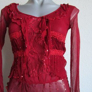 Maroon D 2 J small petite blouse with long sheer sleeves and sequins